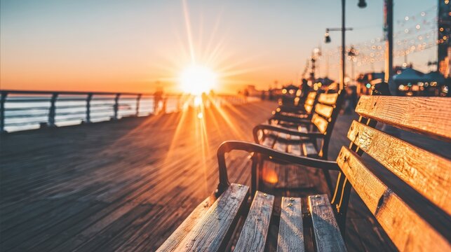 Empty park benches along a boardwalk at sunset with sun rays.