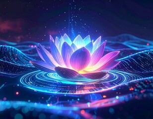 Glowing lotus flower floats on stylized digital waves, vibrant, spiritual