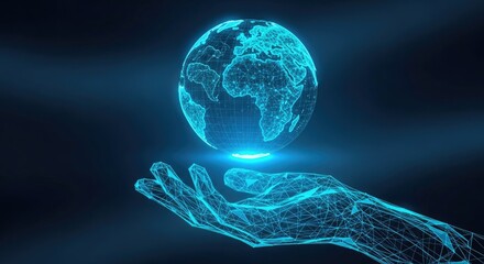 Digital global network glowing over wireframe hand, technology connection