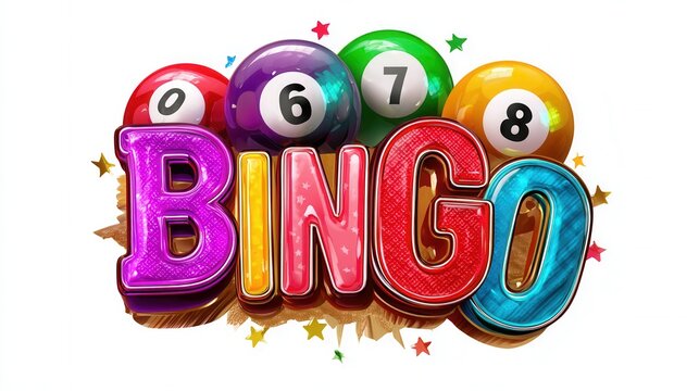 3d Round logo  with the words "BINGO" featuring an illustration of classic bingo elements like bingo balls. solie white background