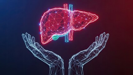 Digital polygonal liver in glowing hands, advanced medical care technology