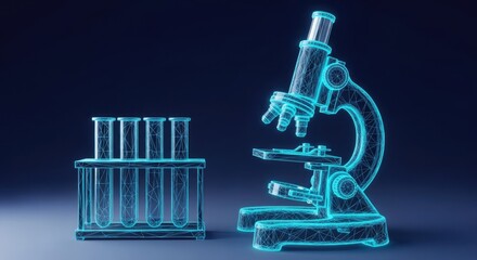 Digital wireframe microscope and test tubes symbolizing scientific research