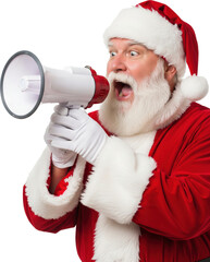 Santa Claus with a megaphone, shouting with an excited expression.