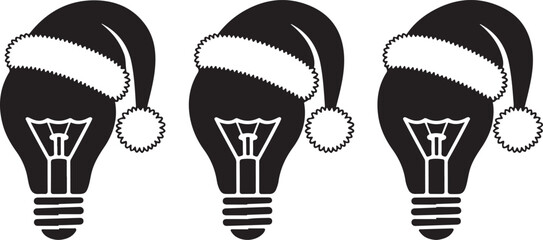 Three christmas light bulb silhouettes wearing santa hats isolated on white background