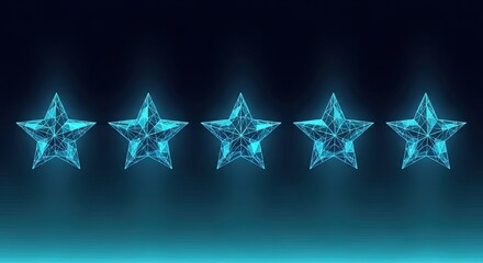 Five glowing futuristic polygonal stars abstract background quality rating