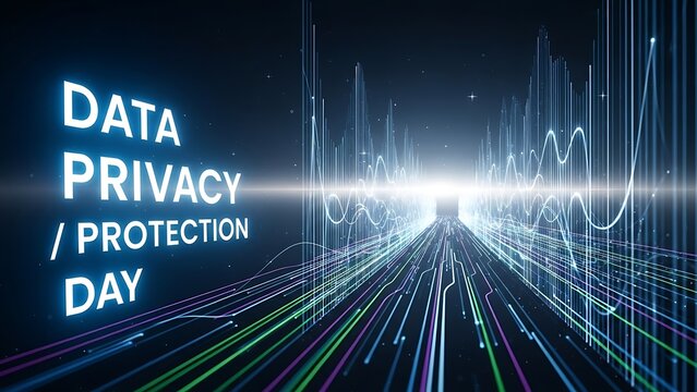 Data privacy protection day graphic with lines and waveforms on a dark blue background theme design