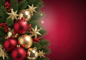 Obraz premium Christmas arrangement with red and gold ornaments, stars, and berries on fir branches against a red background.