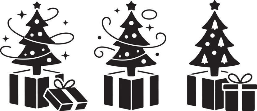 Three christmas trees emerging from gift boxes silhouette