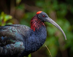 Close-up of a dark-plumaged bird with a red crest and long curved beak
