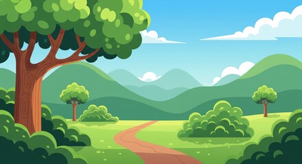 A vibrant cartoon landscape featuring a winding path through green fields, trees, bushes, and distant mountains under a blue sky with clouds.