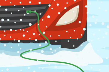 Car driving rules and tips in winter season. Close-up of a car plugged in to an engine block heater. Flat vector illustration template.