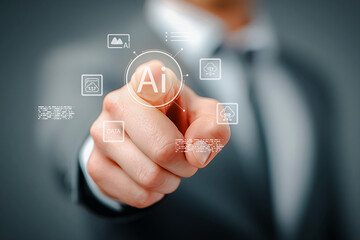 Finger pressing AI interface button with digital icons and futuristic UI design.