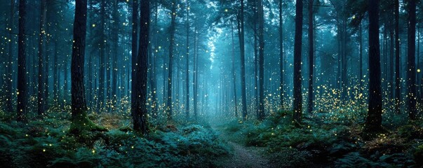 A deep forest with ghostly forms at dusk concept. Mystical forest with glowing lights and serene ambiance at dusk.
