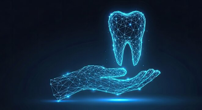 Polygonal hand holding tooth, dental care concept, innovation in dentistry