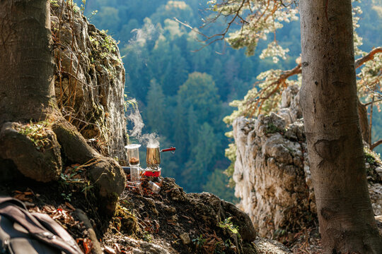 making coffee in the mountains in the morning