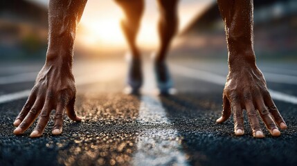 Runner's hands pressing tensely on starting line concept. Athlete preparing to sprint on a track at sunset.