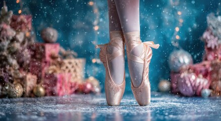 Ballerina's feet in pointe shoes on Christmas background.