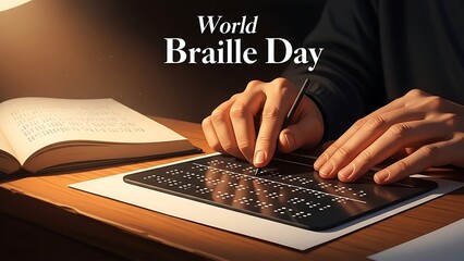 Person writing braille on a slate with stylus next to an open book on a wooden desk surface top