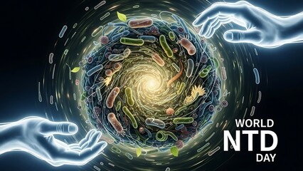 Illustration showing hands surrounding a microscopic view of bacteria for world ntd day event
