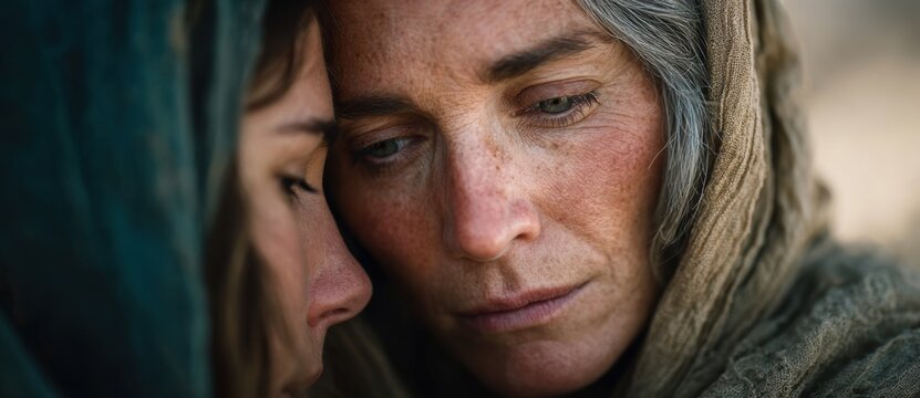 Ruth and Naomi hug, biblical characters.