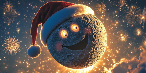 Imaginary image of the moon smiling happily in celebration of Christmas and Happy New Year