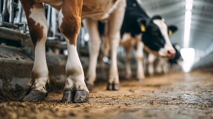 Close-up of cows standing in a barn, showcasing their hooves and legs, farm life.
