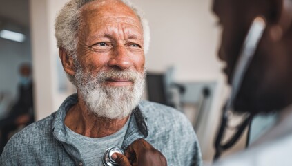 A doctor checks the heart rate of an elderly African American man.