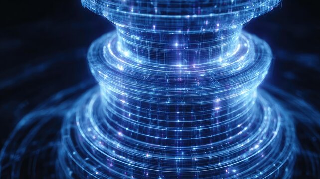 Colored layers arranged in 3D stack concept. Futuristic digital structure with glowing blue wireframe patterns.
