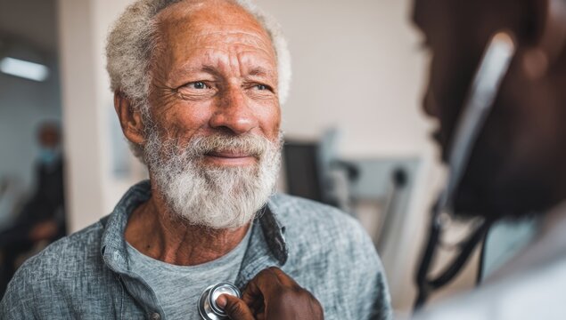 A doctor checks the heart rate of an elderly African American man.
