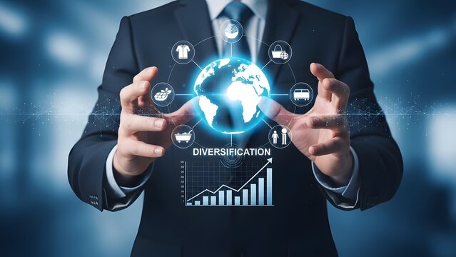 Businessman holding glowing globe with digital data isolated on transparent background