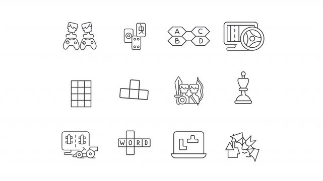Animated online games line icons. Tabletop and virtual quests walkthrough animation set. Having fun playing together. Hobby. Outline elements on white background. HD video with alpha channel