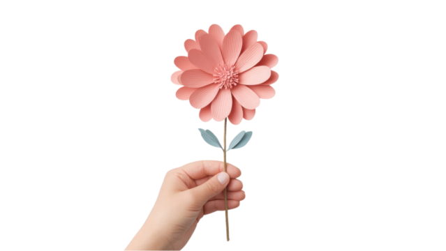 Hand Holding Delicate Pink Paper Flower on White Background