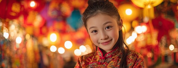 Asian child girl in traditional Chinese dress smiling during Lunar New Year  