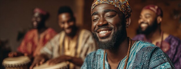Happy black men playing drums together in cultural celebration