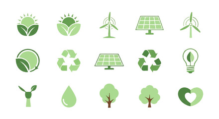 A clean, flat icon set featuring green symbols for ecology, renewable energy, and environmental conservation concepts