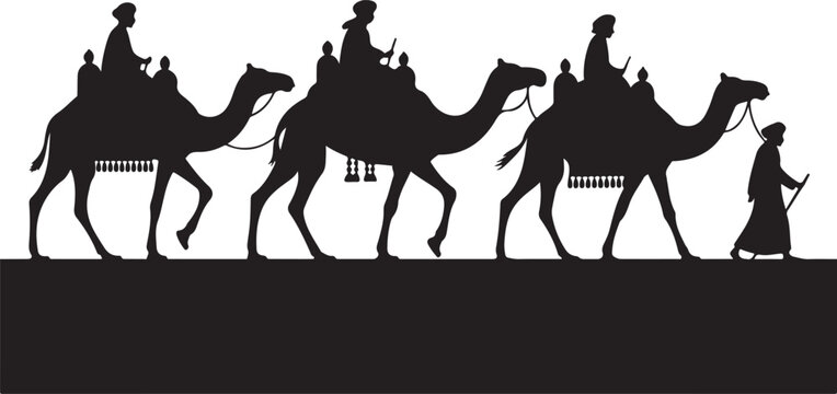 Three wise men camels silhouette vector illustration christmas nativity scene