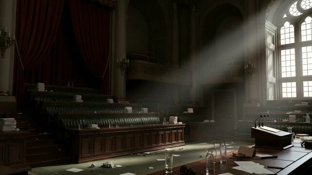 Inside legislative chamber featuring sunlight and a traditional parliament setting with papers