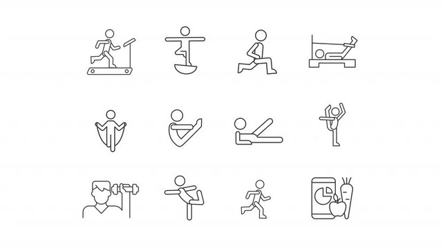 Animated online fitness line icons. Regular sports trainings for wellness animation set. Self improvement workout. Active lifestyle. Outline elements on white background. HD video with alpha channel