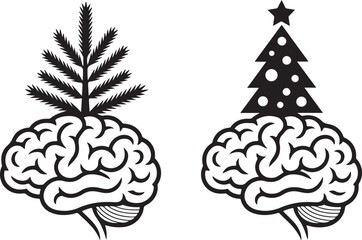 Two brain silhouettes decorated with christmas trees and a star silhouette