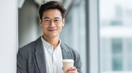 A handsome asian businessman holding a coffee cup in a modern office.