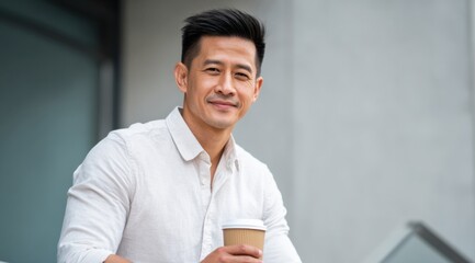 A handsome asian businessman holding a coffee cup in a modern office.