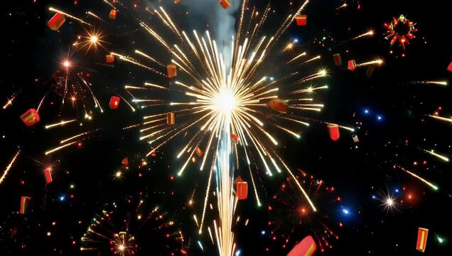 Cinematic 4K footage of firecrackers exploding against a black background capturing colorful sparks and dramatic movement perfect for celebration festival or Diwali themed stock video projects