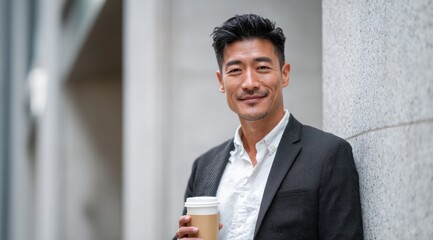 A handsome asian businessman holding a coffee cup in a modern office.