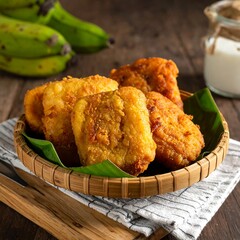 Golden-fried banana fritters served on a woven plate