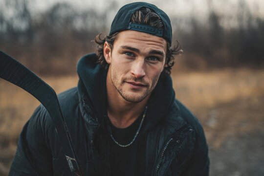 A man wearing a hoodie and a backwards ball cap. He is holding a hockey stick.
