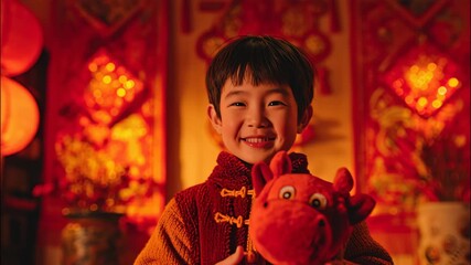 Asian boy child smiling while holding plush horse toy in red decorations during Lunar New Year 