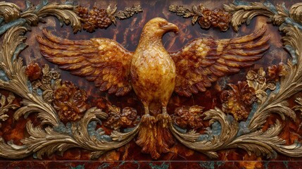 Ornate Golden Eagle Sculpture with Detailed Carvings and Floral Design elements
