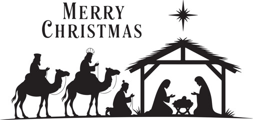 Vector illustration Birth of Christ, baby Jesus reaching the Magi bear gifts, three wise kings and star of bethlehem, nativity christmas graphics design elements