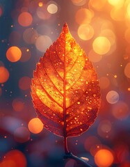 Golden autumn leaf glistens against a bokeh background