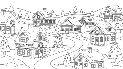 Obraz premium Winter village coloring page christmas scene holiday houses trees snow seasonal activity for children and adults